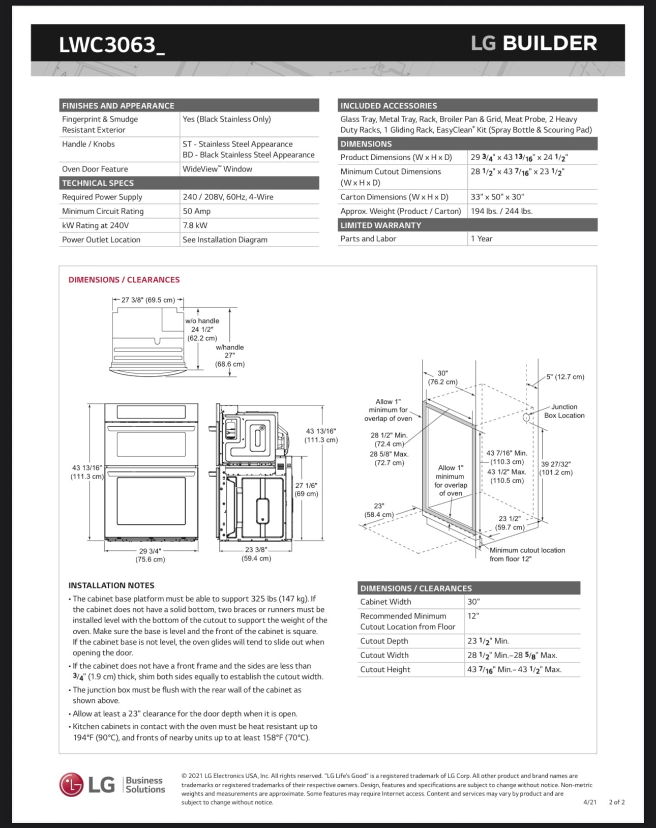 BRAND NEW (LWC3063ST) 1.7/4.7 cu. ft. Smart Wi-Fi Enabled Combination Double Wall Oven