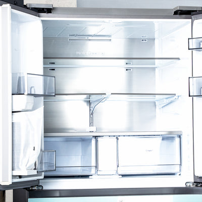 SAMSUNG SET OPEN BOX (N14) FRIDGE 4 DOOR WITH AUTOFILL WATER PITCHER + STOVE + MICROWAVE + DISHWASHER (WHITE GLASS)