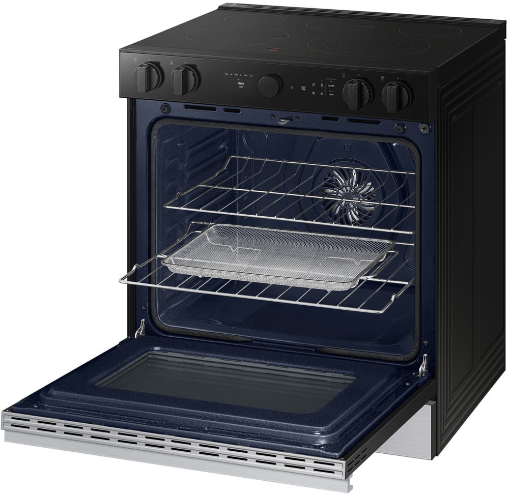 BRAND NEW SAMSUNG (NSE6DG8700SR) 30 Inch Slide-In Electric Smart Range with 5 Elements, 6.3 cu. ft. Convection+ Oven, Express Boil™, Warming Zone, Storage Drawer, Air Fry, Self & Steam Clean, and ADA Compliant: Stainless Steel