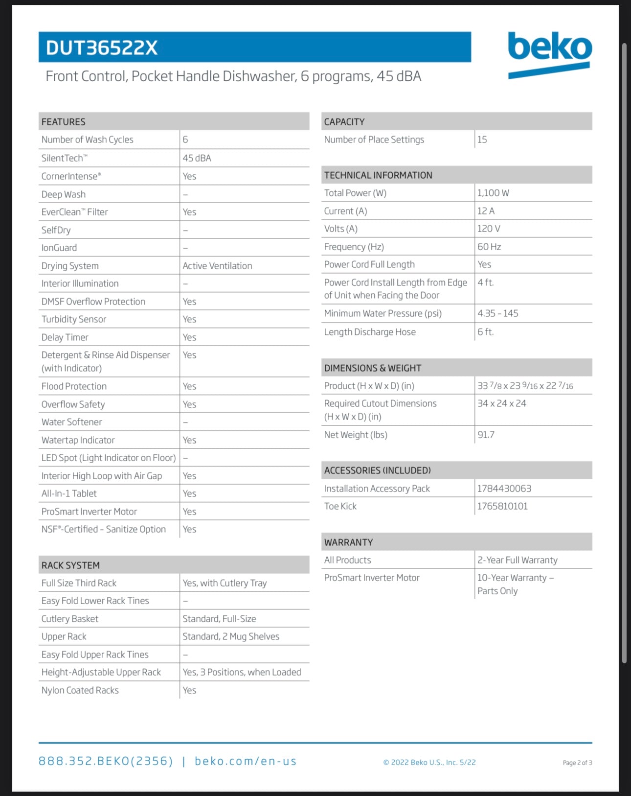 BRAND NEW BEKO (DUT36522X) 24" Tall Tub Dishwasher with (15 place settings, 45)