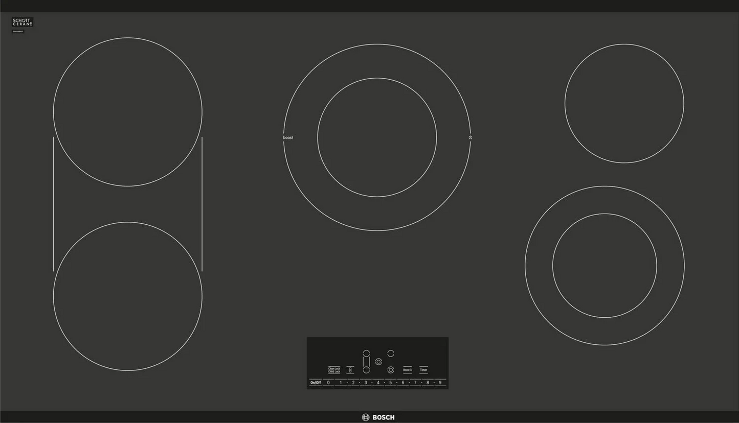 BRAND NEW Bosch 800 Series  (NET8668UC)
36 Inch Electric Cooktop with 5 Smoothtop Burners, Bridge Element, 2 Dual Size Elements, SpeedBoost Burner, 17 PreciseSelect Temperature Settings, Kitchen Timer and ADA Compliant: Frameless
