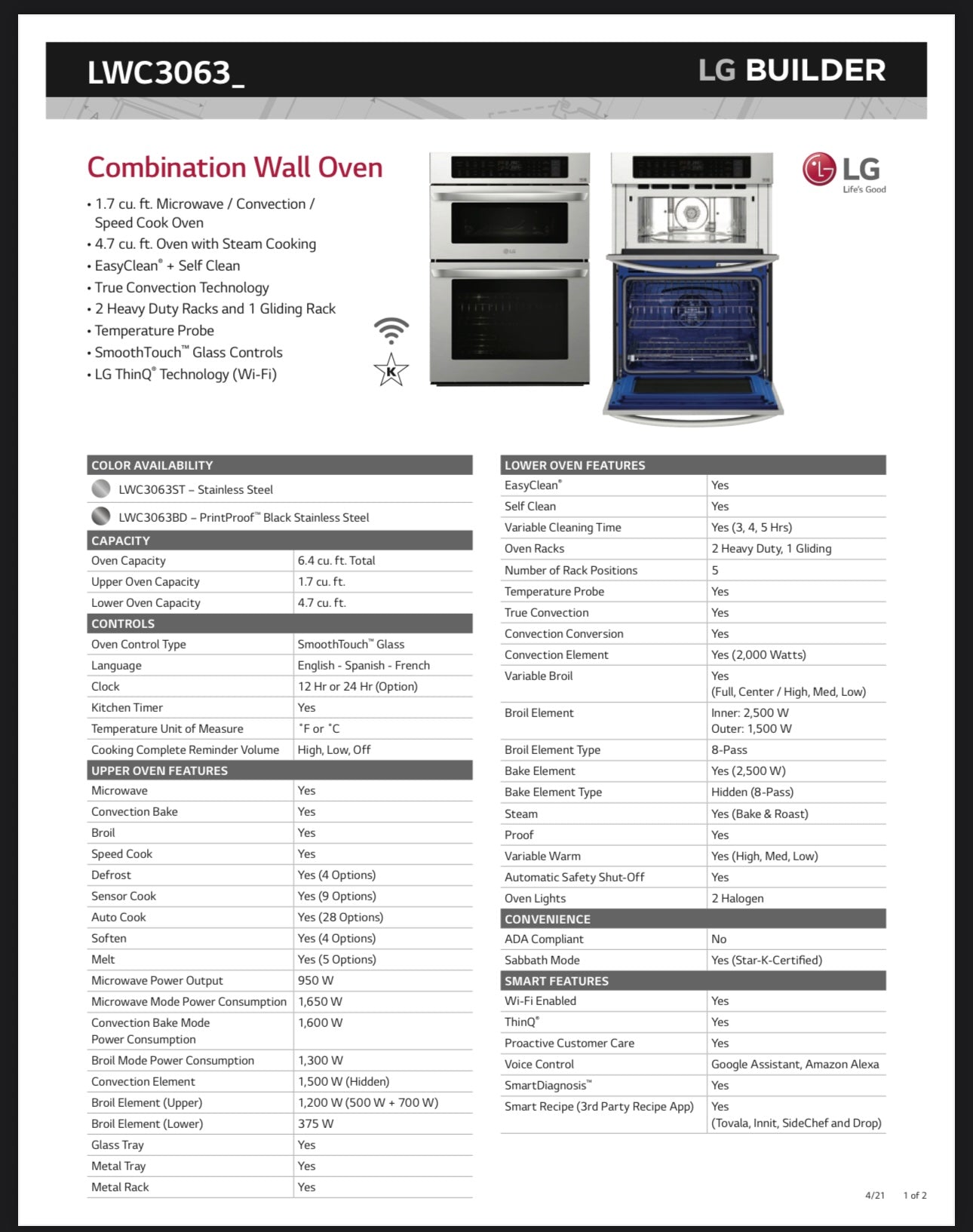 BRAND NEW (LWC3063ST) 1.7/4.7 cu. ft. Smart Wi-Fi Enabled Combination Double Wall Oven