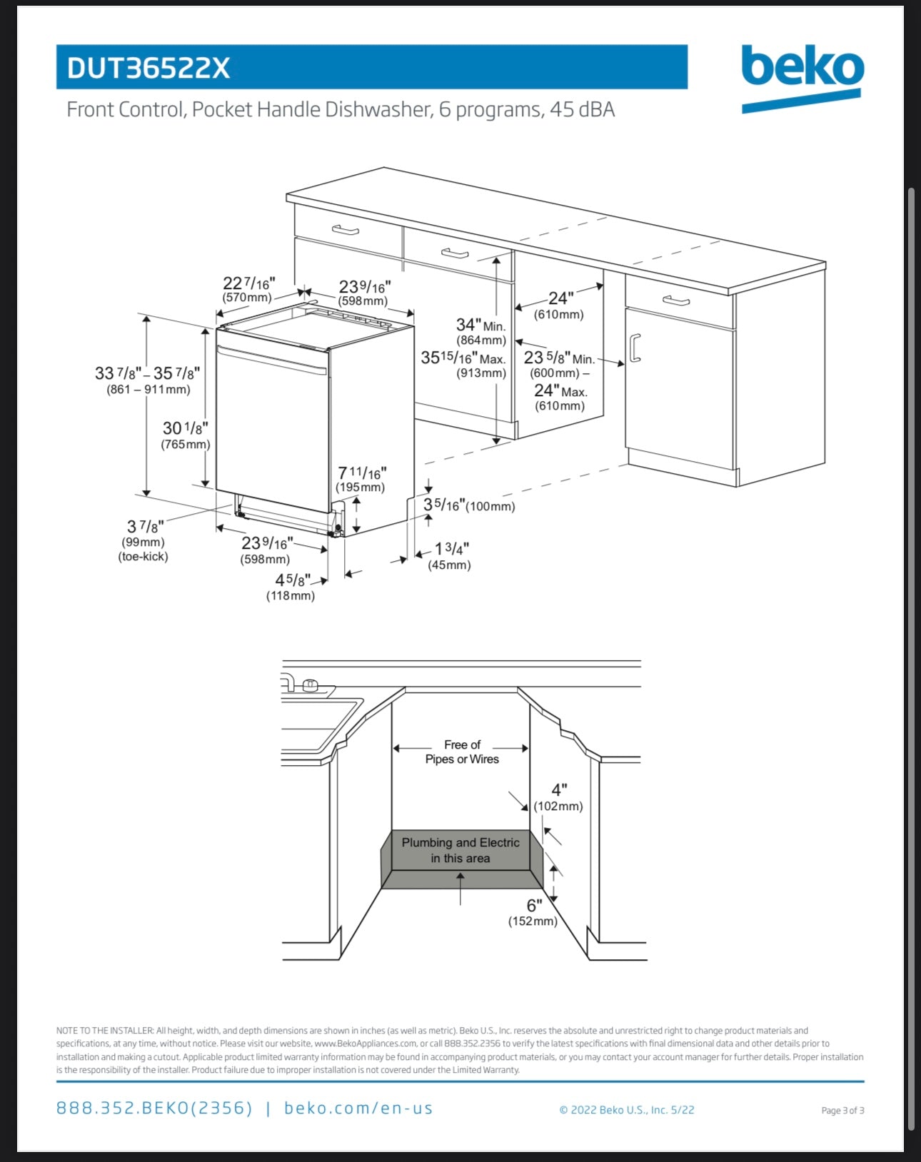 BRAND NEW BEKO (DUT36522X) 24" Tall Tub Dishwasher with (15 place settings, 45)