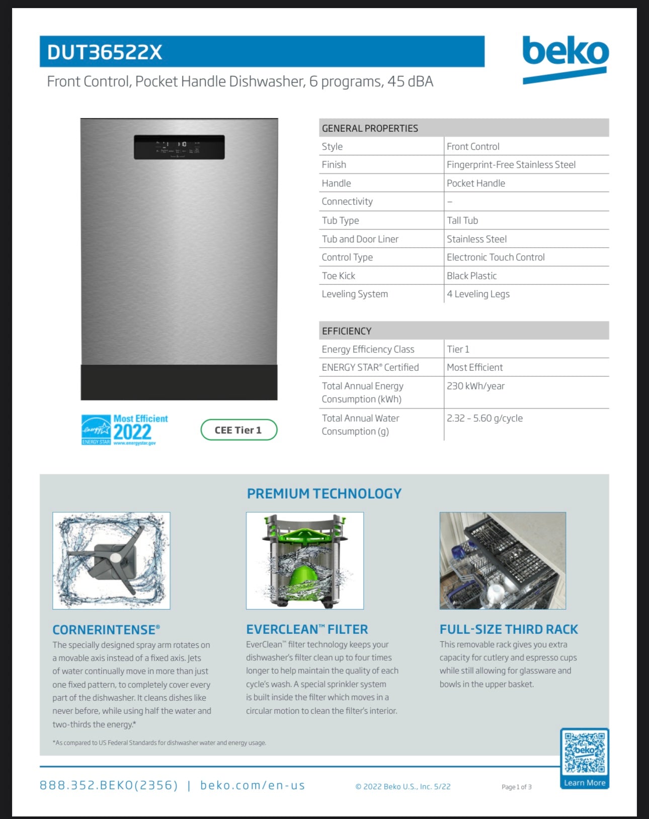 BRAND NEW BEKO (DUT36522X) 24" Tall Tub Dishwasher with (15 place settings, 45)