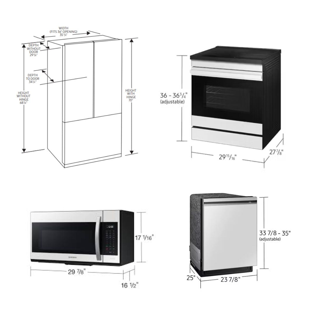 SAMSUNG SET OPEN BOX (N15) FRIDGE 3 DOOR WITH FAMILY HUB + STOVE + MICROWAVE + DISHWASHER (WHITE GLASS)