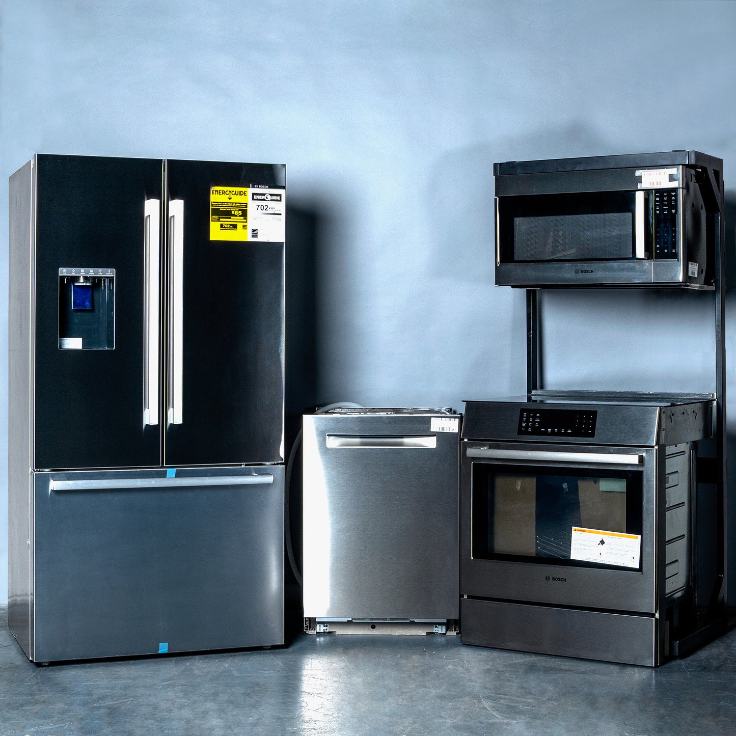 BOSCH SET OPEN BOX (N10) FRIDGE + STOVE + MICROWAVE + DISHWASHER (STAINLESS STEEL)